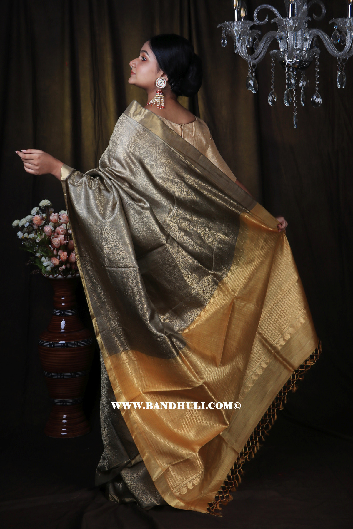 Golden Moss color Jala Weaving Tussar Saree 